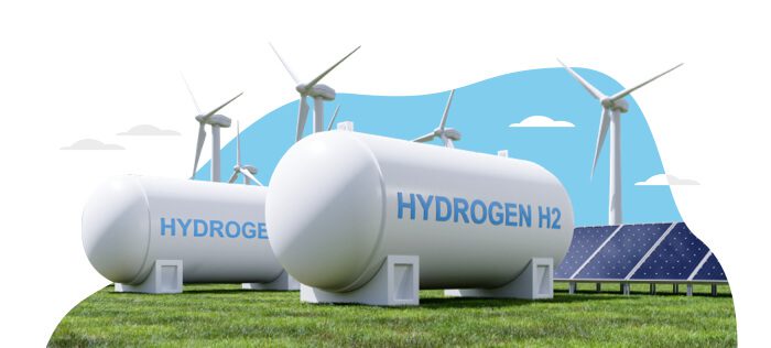 Hydrogen tanks in a field with wind turbines