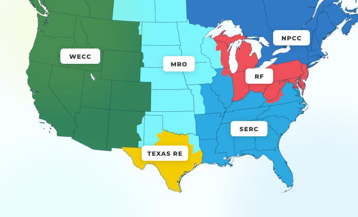 Map of the US and Canada featuring the 6 NERC regional entities