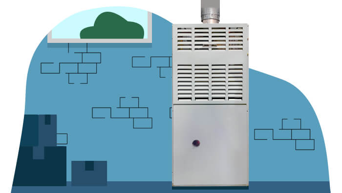 illustration of a silver grey furnace against a blue basement wall with a small window in the wall