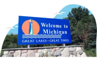 Blue "Welcome to Michigan" sign