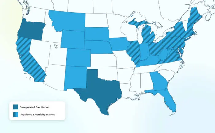 Map of the United States showing different gas and electricity markets