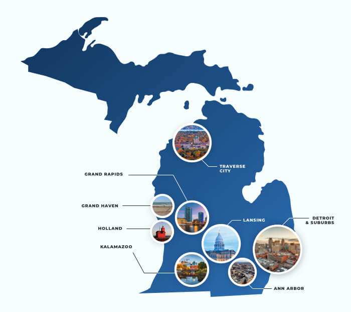 Map of Michigan graphic with bubbles showing best places to live
