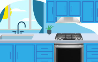 blue kitchen graphic with a sink in front of a window and a stove/oven to the right