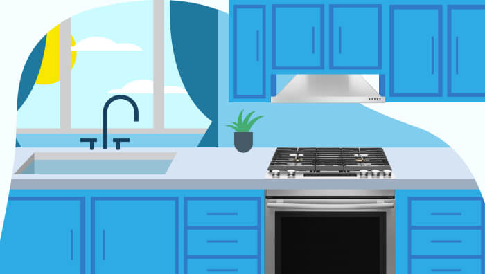 blue kitchen graphic with a sink in front of a window and a stove/oven to the right
