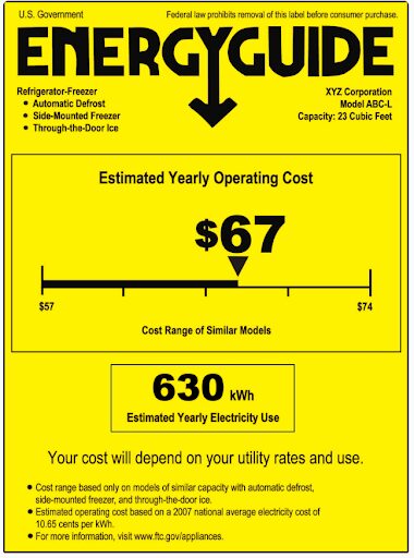 Example yellow Energy Guide for a refrigerator, showing an estimated 630 kilowatt hour usage and an estimated annual cost of 67 dollars.