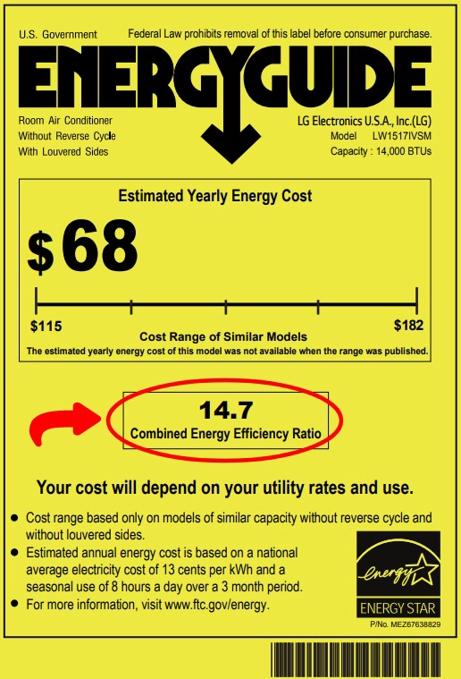 An EnergyGuide label for a window air conditioner showing an estimated yearly energy cost of $68 and a CEER number of 14.7.