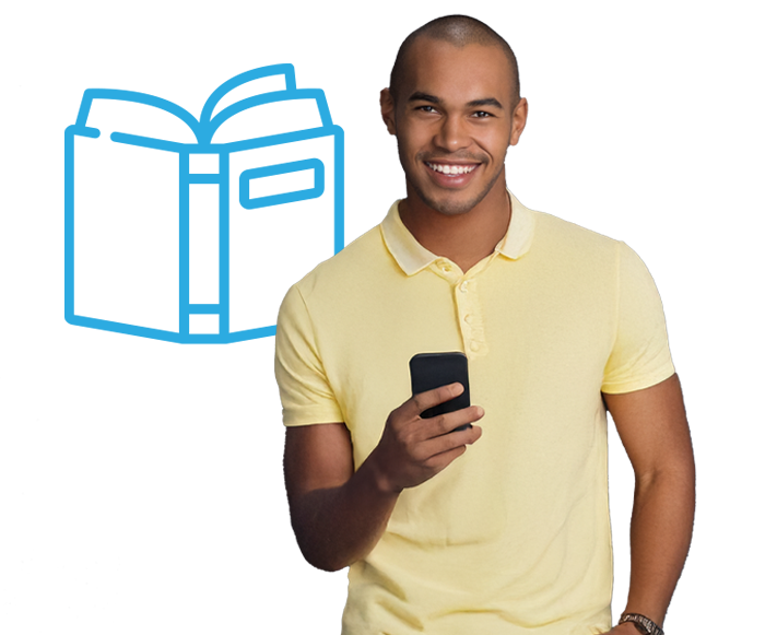 man holding phone with book behind him