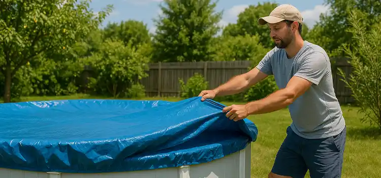 man putting a pool cover on an above ground pool