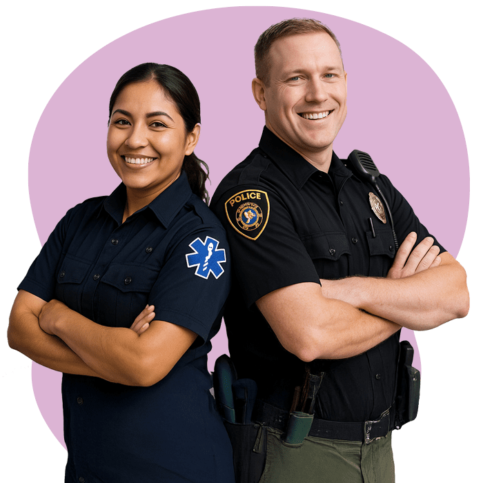 emt and police officer smiling at the camera emt and police officer smiling at the camera