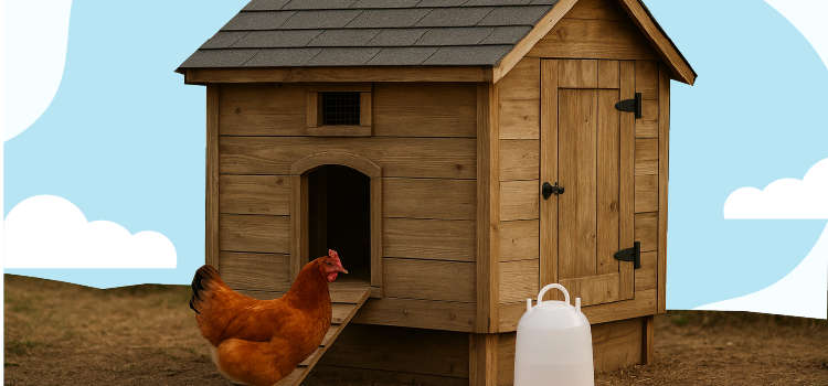 chicken-next-to-a-coop-and-chicken-waterer