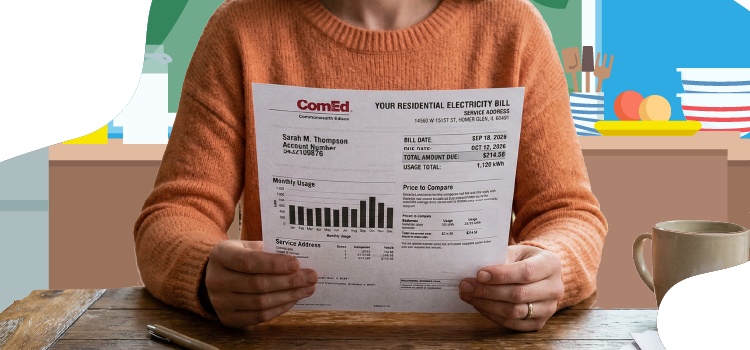 woman looking at her illinois electricity bill in her kitchen woman-looking-at-her-illinois-electricity-bill-in-her-kitchen