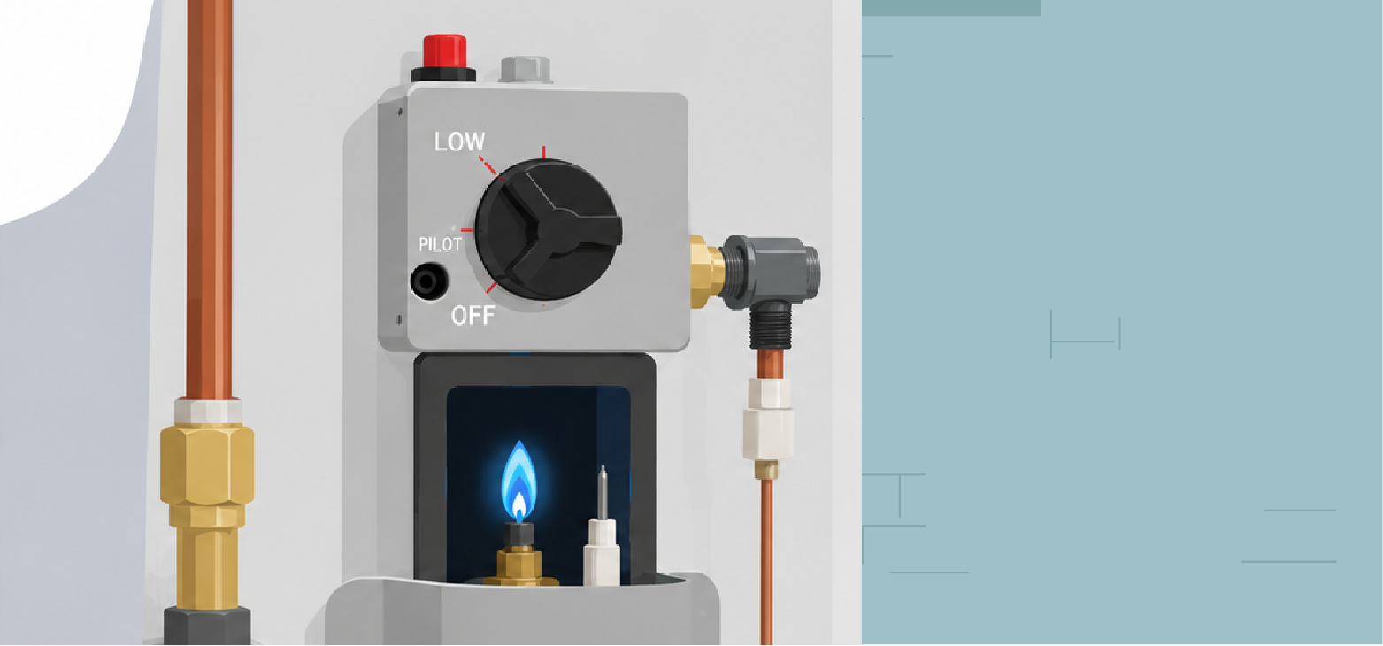 Close-up illustration of a water heater pilot light assembly with a blue flame and modern vector background Close-up-illustration-of-a-water-heater-pilot-light-assembly-with-a-blue-flame-and-modern-vector-background