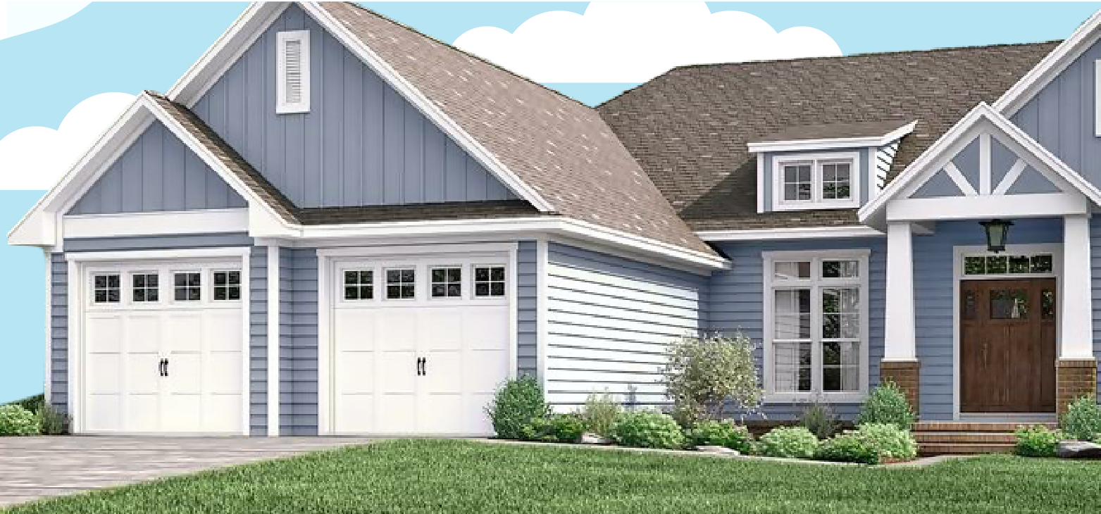 Front view of a large suburban house with attached garage and landscaped front yard. Front-view-of-a-large-suburban-house-with-attached-garage-and-landscaped-front-yard