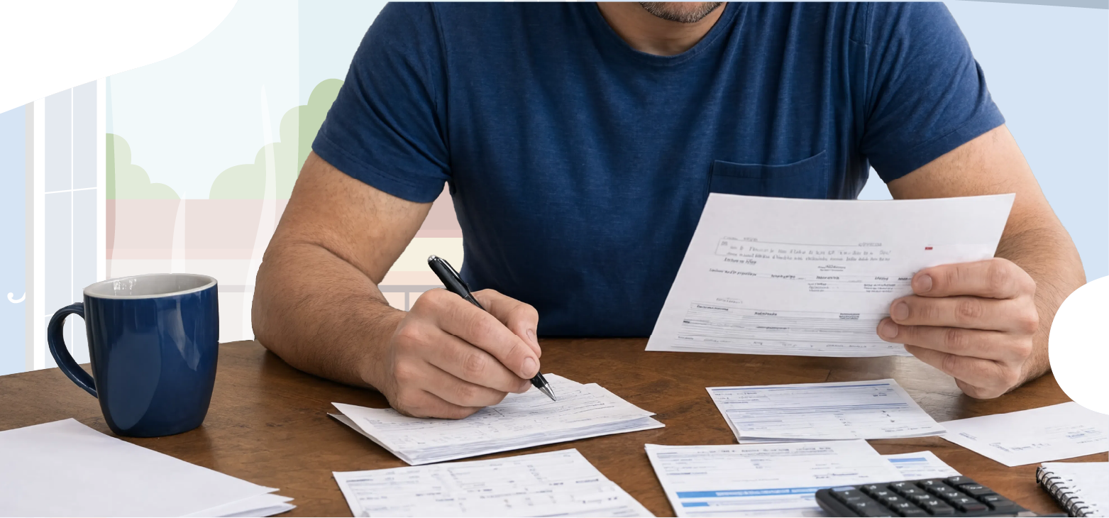 Homeowner-reviewing-electricity-bills-and-writing-down-expenses-at-a-table-with-a-calculator-and-coffee