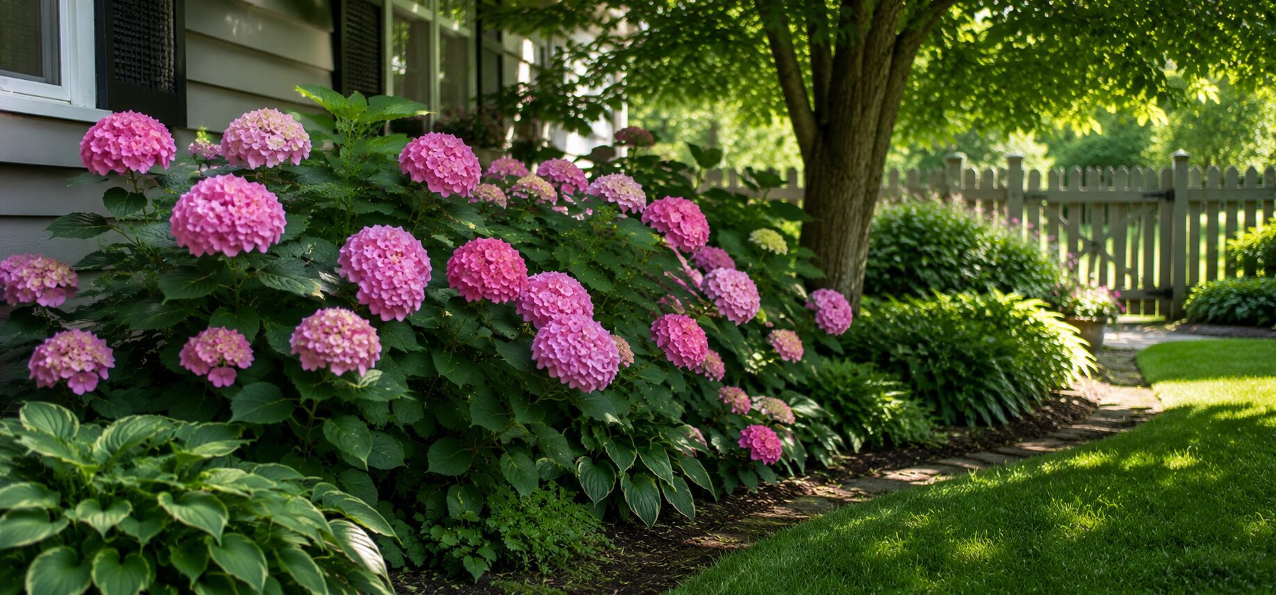 pink flowers in a midwest backyard