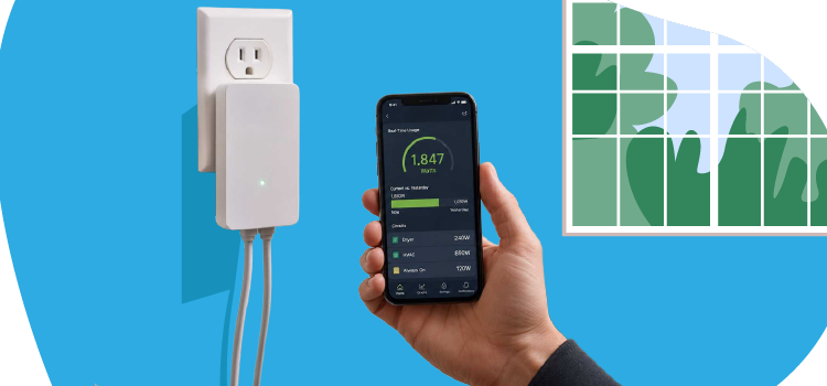 A person holding a smartphone displaying an energy management app, with a smart plug device plugged into a wall outlet nearby. A-person-holding-a-smartphone-displaying-an-energy-management-app-with-a-smart-plug-device-plugged-into-a-wall-outlet-nearby