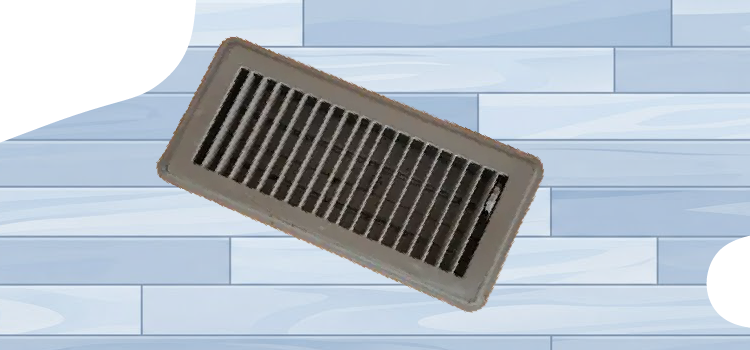 A rectangular metal floor vent or register grille positioned against a light blue wooden background. A-rectangular-metal-floor-vent-or-register-grille-positioned-against-a-light-blue-wooden-background