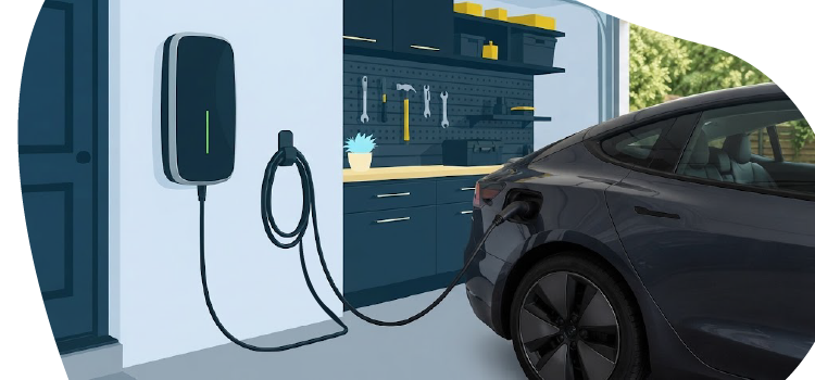 An electric car parked in a garage, plugged into a wall-mounted EV charging station. An-electric-car-parked-in-a-garage-plugged-into-a-wall-mounted-EV-charging-station
