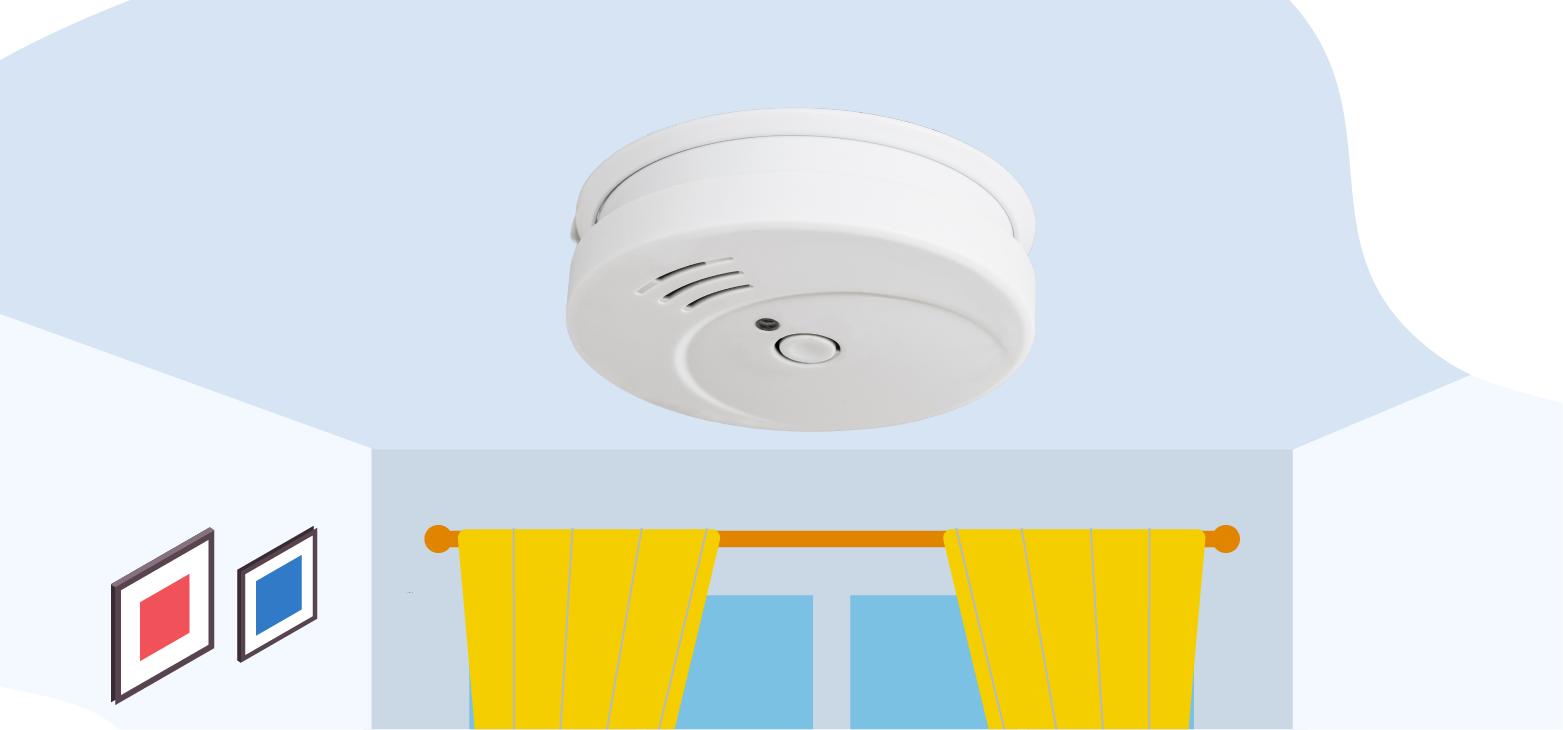 Ceiling-mounted carbon monoxide detector in a bright room with yellow curtains Ceiling-mounted-carbon-monoxide-detector-in-a-bright-room-with-yellow-curtains