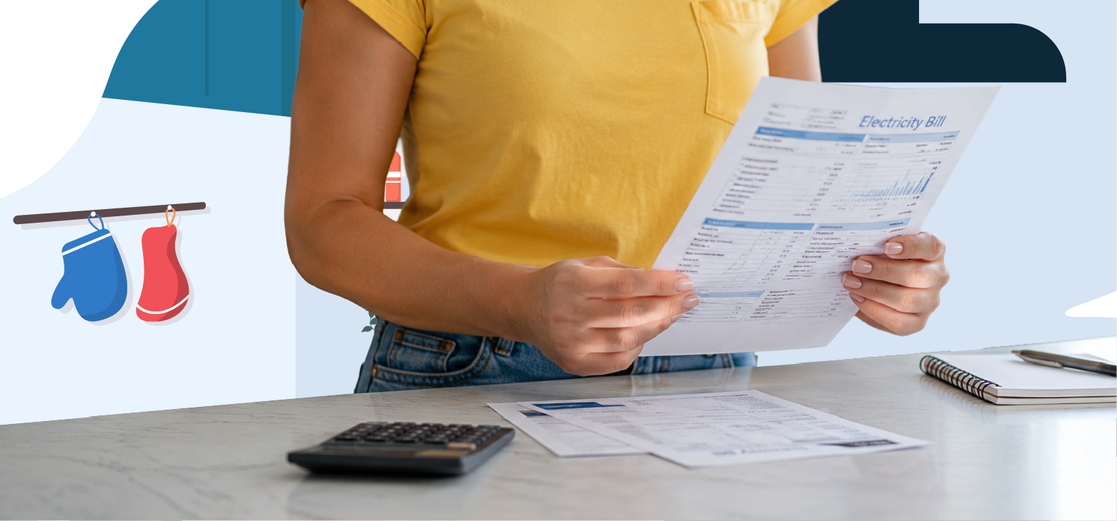 Person wearing a yellow T-shirt standing at a kitchen island reviewing an electricity bill Person-wearing-a-yellow-T-shirt-standing-at-a-kitchen-island-reviewing-an-electricity-bill