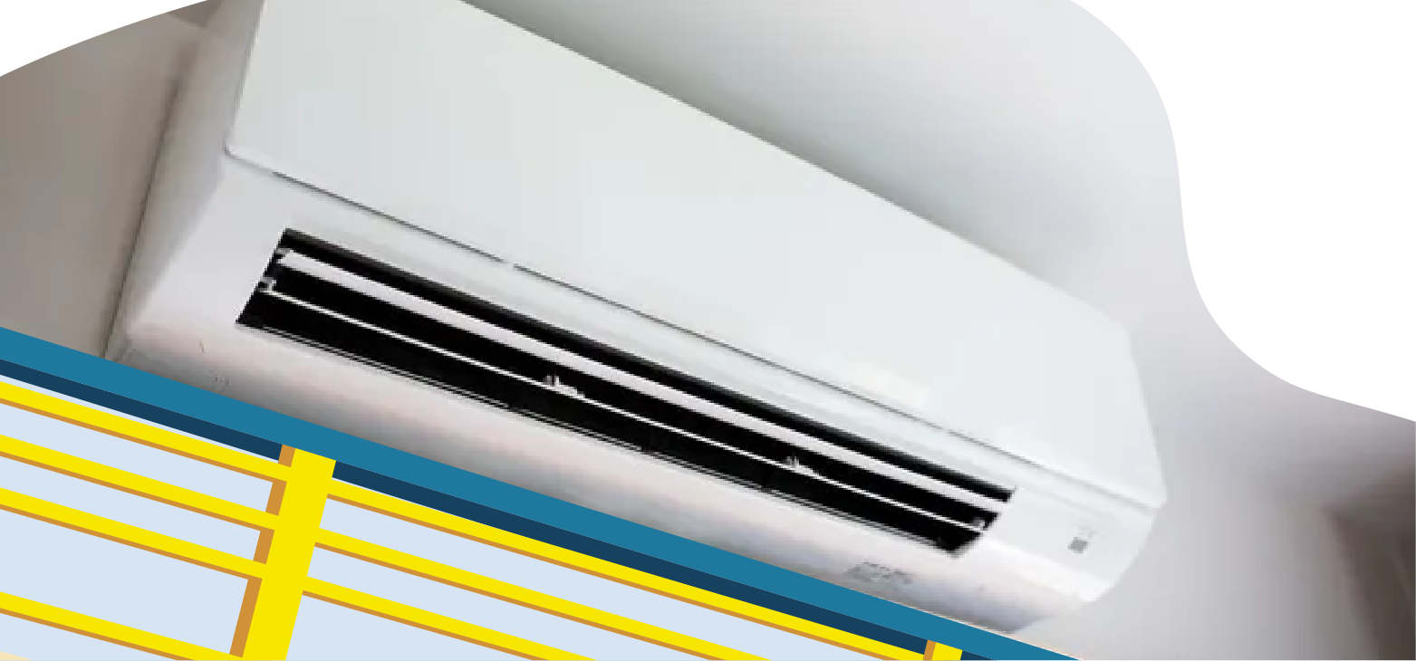 White wall-mounted mini split air conditioner installed near the ceiling inside a modern home White-wall-mounted-mini-split-air-conditioner-installed-near-the-ceiling-inside-a-modern-home