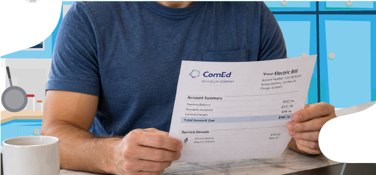 man in a blue shirt looking over his high comed bill in a blue kitchen man-in-a-blue-shirt-looking-over-his-high-comed-bill-in-a-blue-kitchen